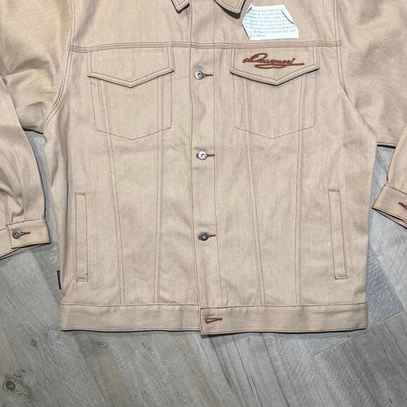 Davoucci Denim Jacket Raw Khaki Stitch Logo Jean Jacket 90s Streetwear XXL - Picture 2 of 8